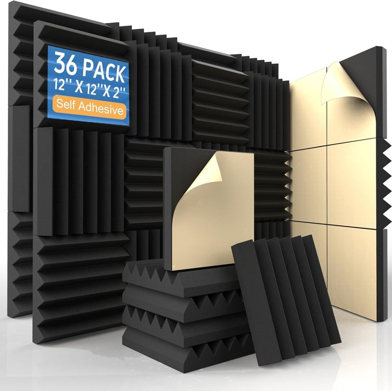 AUSLET 36 Pack Self-Adhesive Acoustic Foam Panels, 12 x 12 x 2 Inches High Density Wedge Sound Proof Foam Panels for Walls, Fire Resistant Soundproof Wall Panels for Home Office & Studio (Black) - Image 1